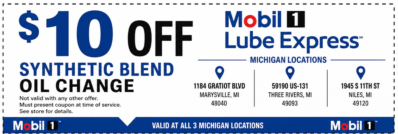 $10 off synthetic blend oil change coupon valid at all three Mobil 1 Lube Express Michigan locations